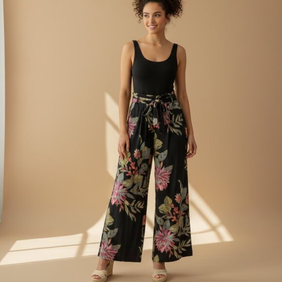 PATRONS OF PEACE Dark Floral Ultra Wide Leg Resort Boho Pants Womens M Vacation - Picture 1 of 8